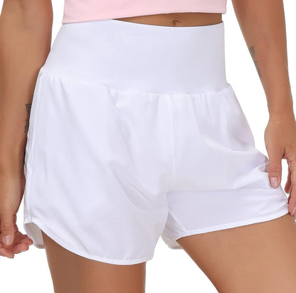 Women’S High Waist Running Shorts with Liner Athletic Hiking Workout Shorts Zip Pockets