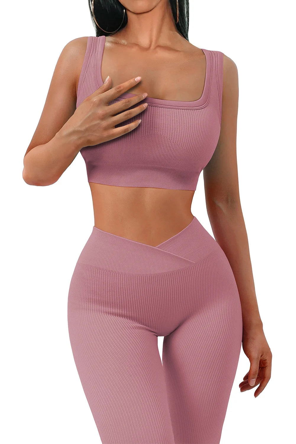 Workout Outfits for Women 2 Piece Seamless Ribbed High Waist Leggings with Sports Bra Exercise Leggings Sets