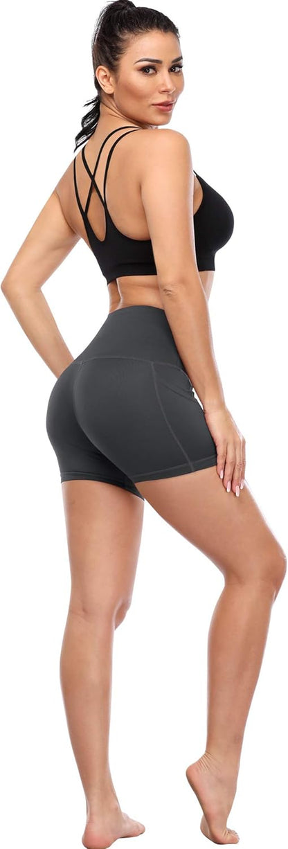 High Waist Athletic Shorts for Womens Yoga Fitness Running Shorts with Deep Pockets