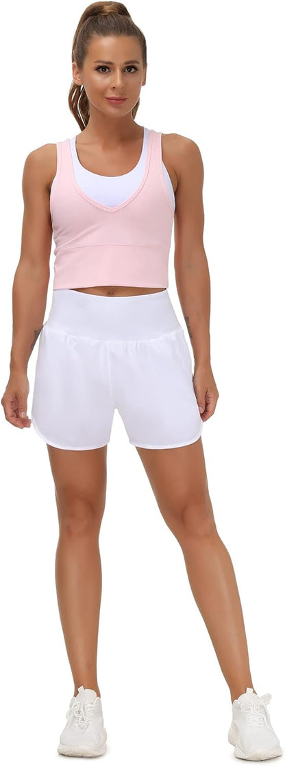 Women’S High Waist Running Shorts with Liner Athletic Hiking Workout Shorts Zip Pockets