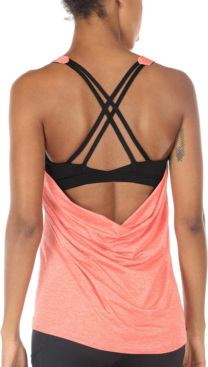 Workout Tank Tops Built in Bra - Women'S Strappy Athletic Yoga Tops, Exercise Running Gym Shirts