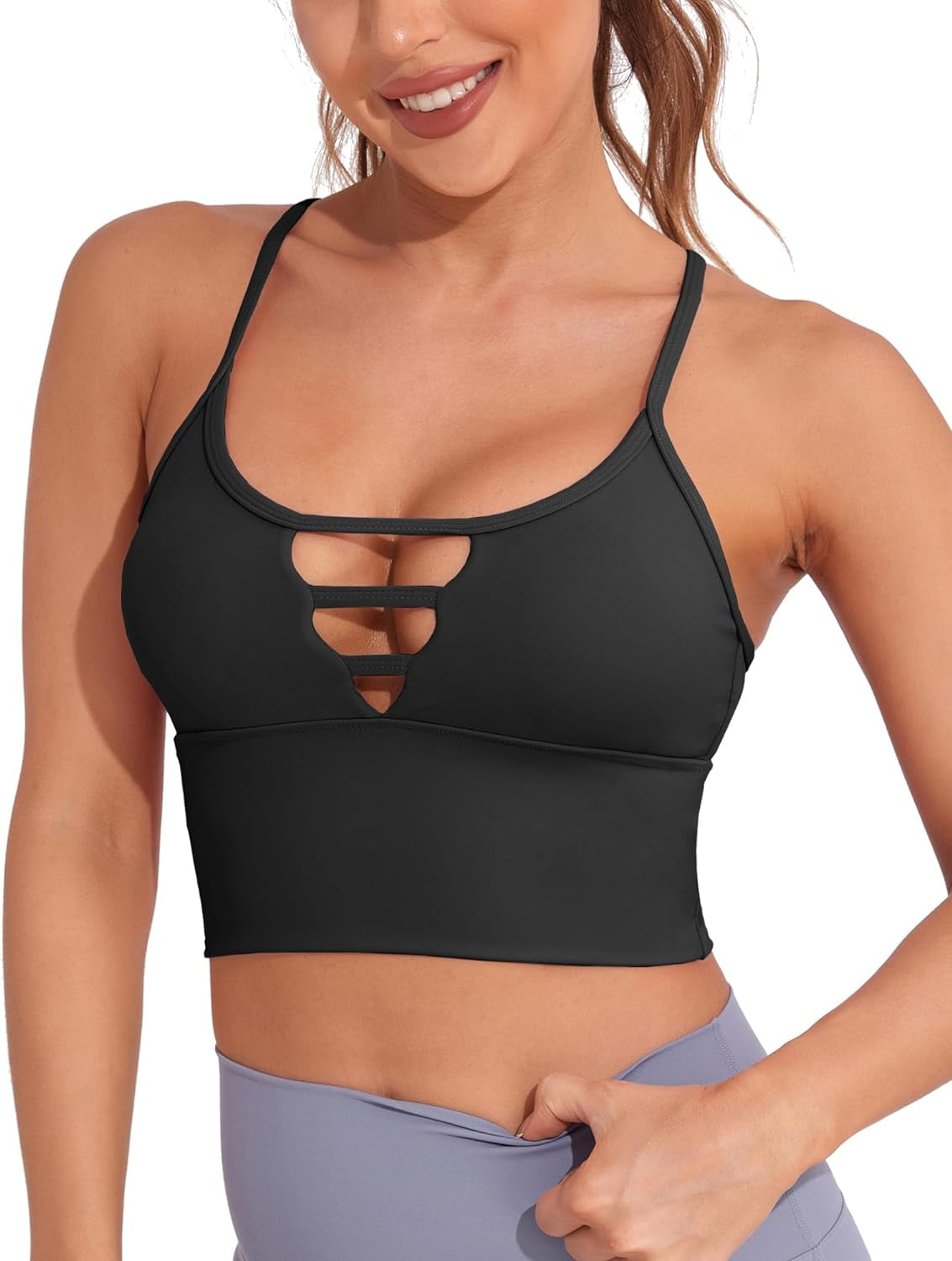 Longline Sport Bra for Women Camisole Workout Yoga Crop Top Strappy Padded Fitness Tank Shirts