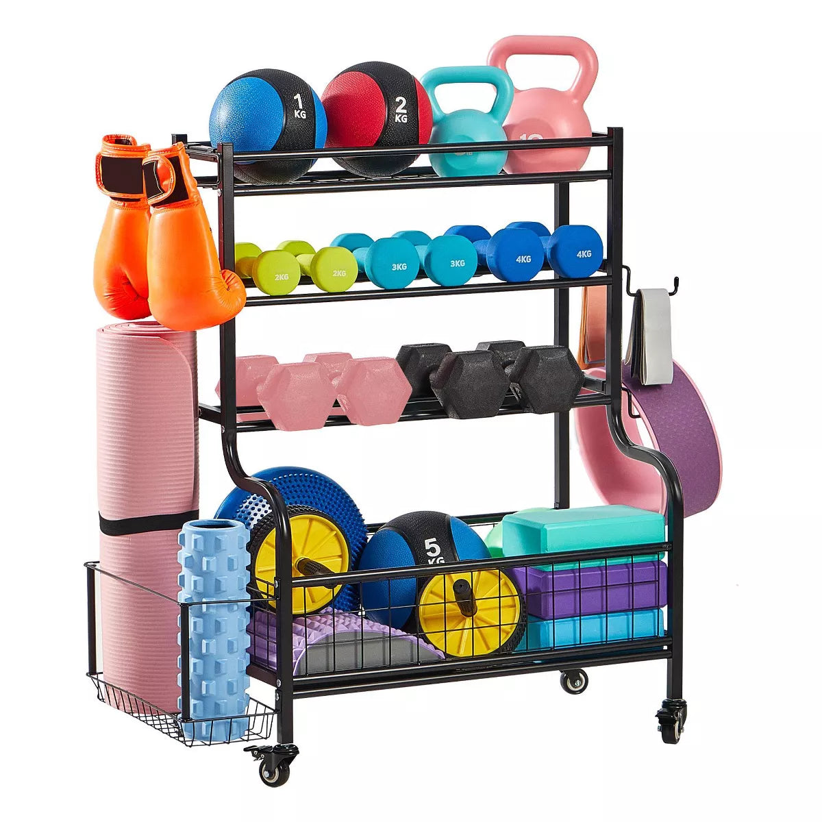 LUGO Dumbbell Storage Rack and Stand with Wheels and Hooks: Rolling Sports Equipment Organizer, Steel, 4 Shelves, Black