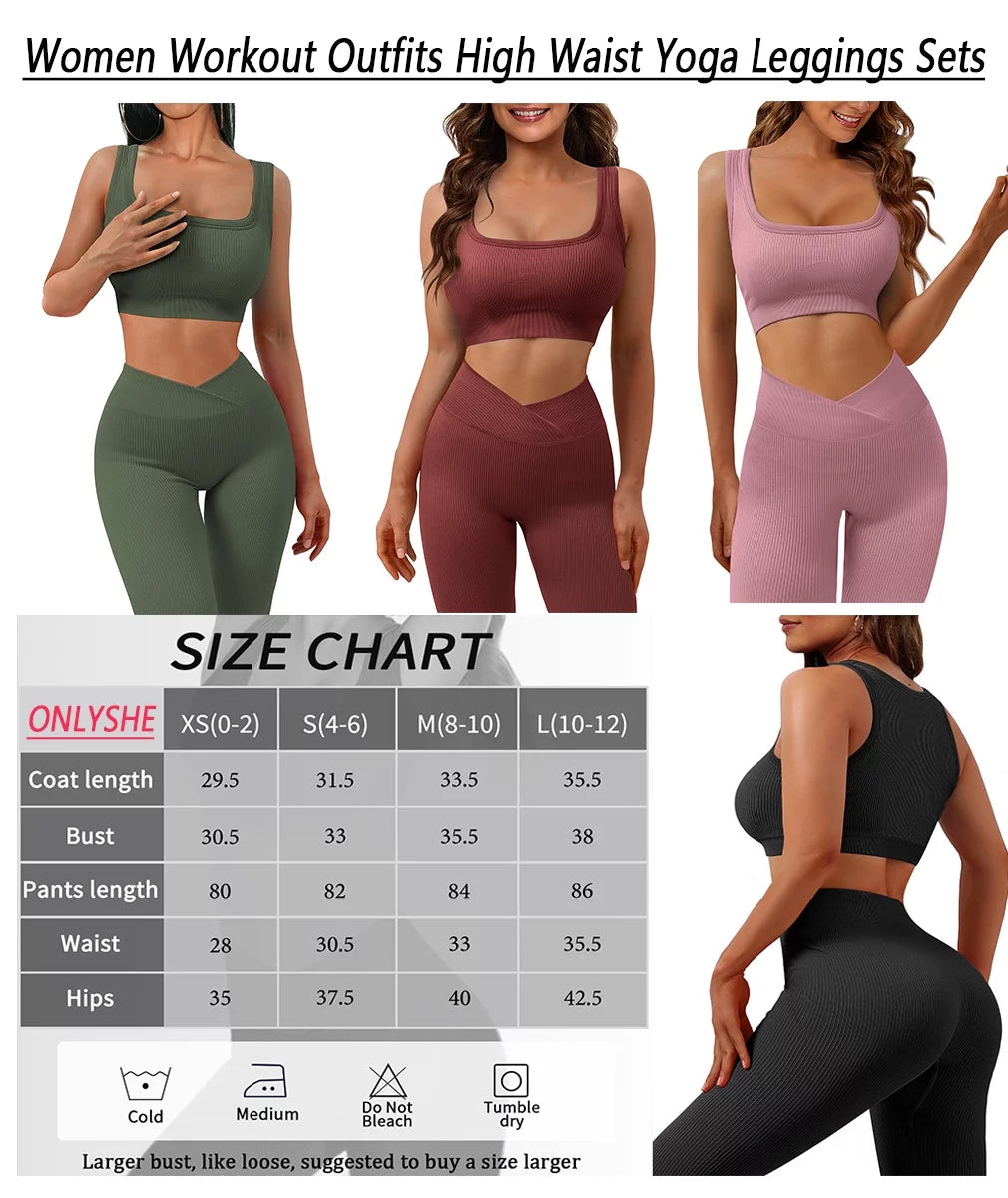 Workout Sets for Women 2 Piece Seamless Yoga Outfits Tracksuit High Waisted Yoga Leggings and Crop Tank Top Gym Active Set