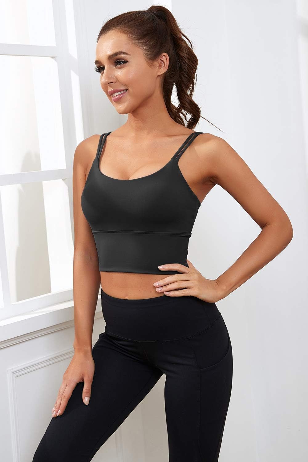 Womens Longline Sports Bra Padded Yoga Workout Crop Tank Tops Strappy Camisole Fitness Shirts